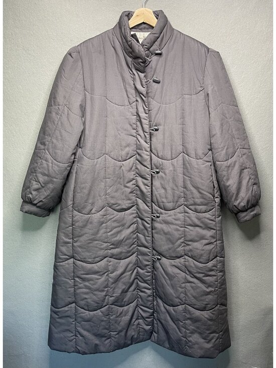 Vintage 80s Saxton Hall Gray Quilted Long Puffer Coat Toggle Button Closure M - Picture 1 of 9